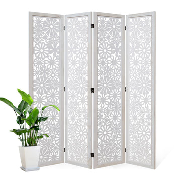 Folding Wood Room Divider Panel, 67 Inch Tall Daisy-Carved Privacy Screen - No-Assembly Required, Decorative Flower