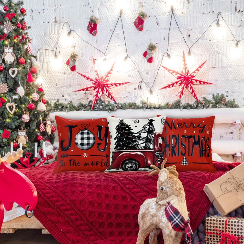 Christmas Pillow Covers 18x18 Inch Red Pillow Covers Xmas Decorations Buffalo Tree Truck Merry Christmas Pillows - Set of 4