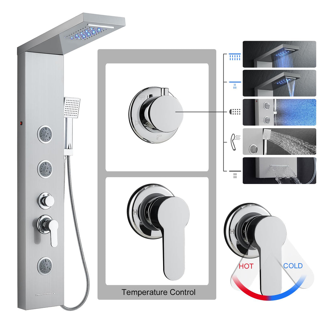 5 in 1 Shower Panel Tower System with LED Lights Stainless steel