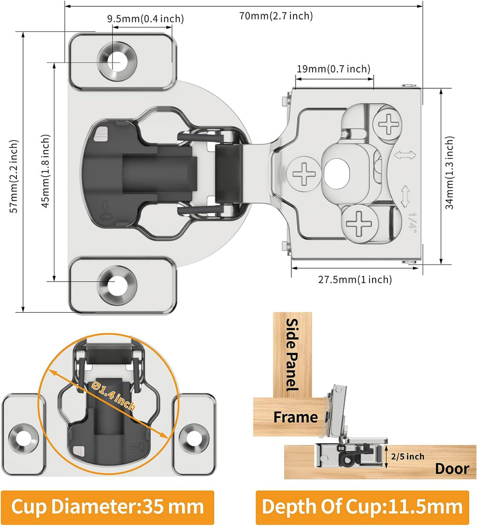 30 Pack 1/4" Small Overlay 4D Concealed Hinges for Face Frame Door, Soft Close On/Off Switch, Self Closing, 105° Open
