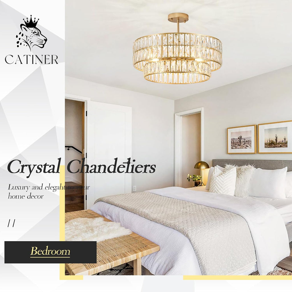 24'' Modern Crystal Chandelier 8-Lights Luxury Gold Semi Flush Mount Ceiling Light Fixtures Round Crystal Pendant