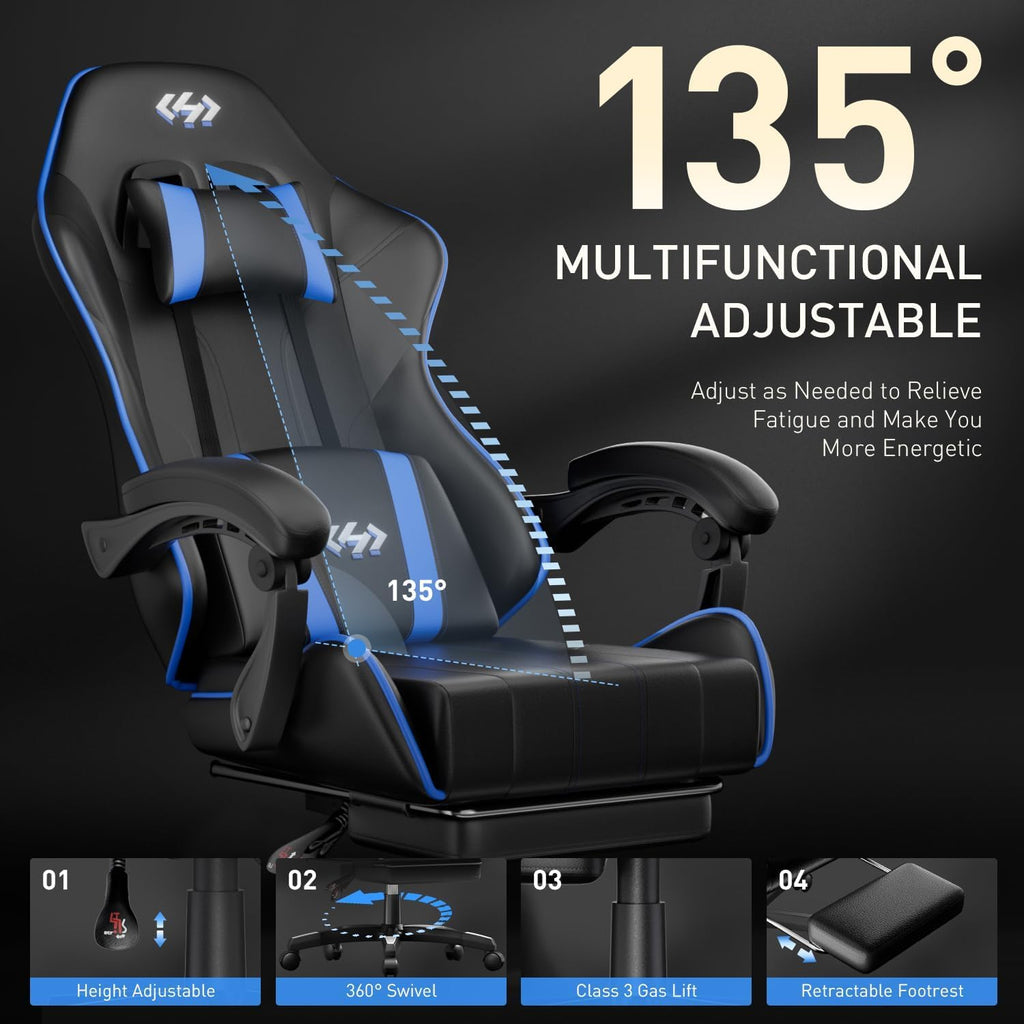 Gaming Chair with Footrest, Lumbar Support & Headrest, Black&Blue