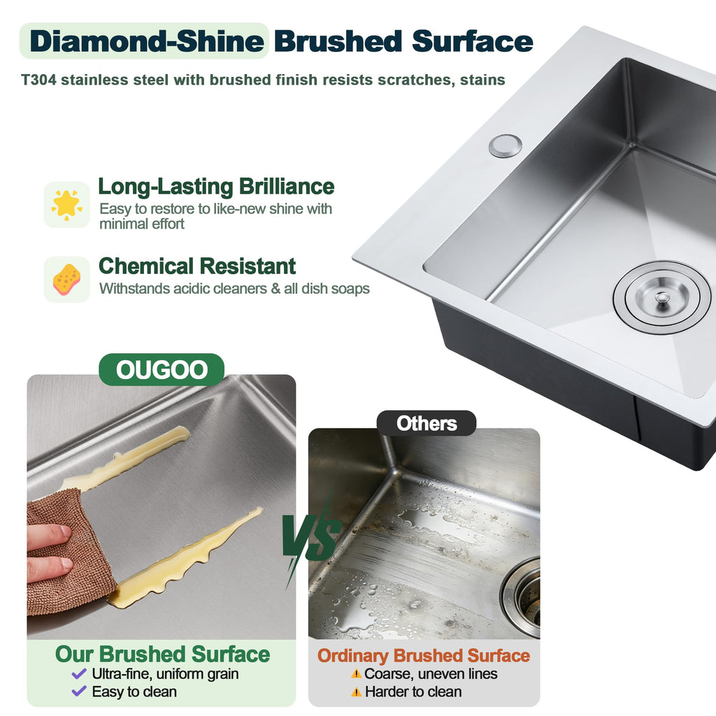 18 x 18 inch Bar Sink, Drop-in Tight Radius Brushed Stainless Steel Topmount Kitchen Sink Single Bowl