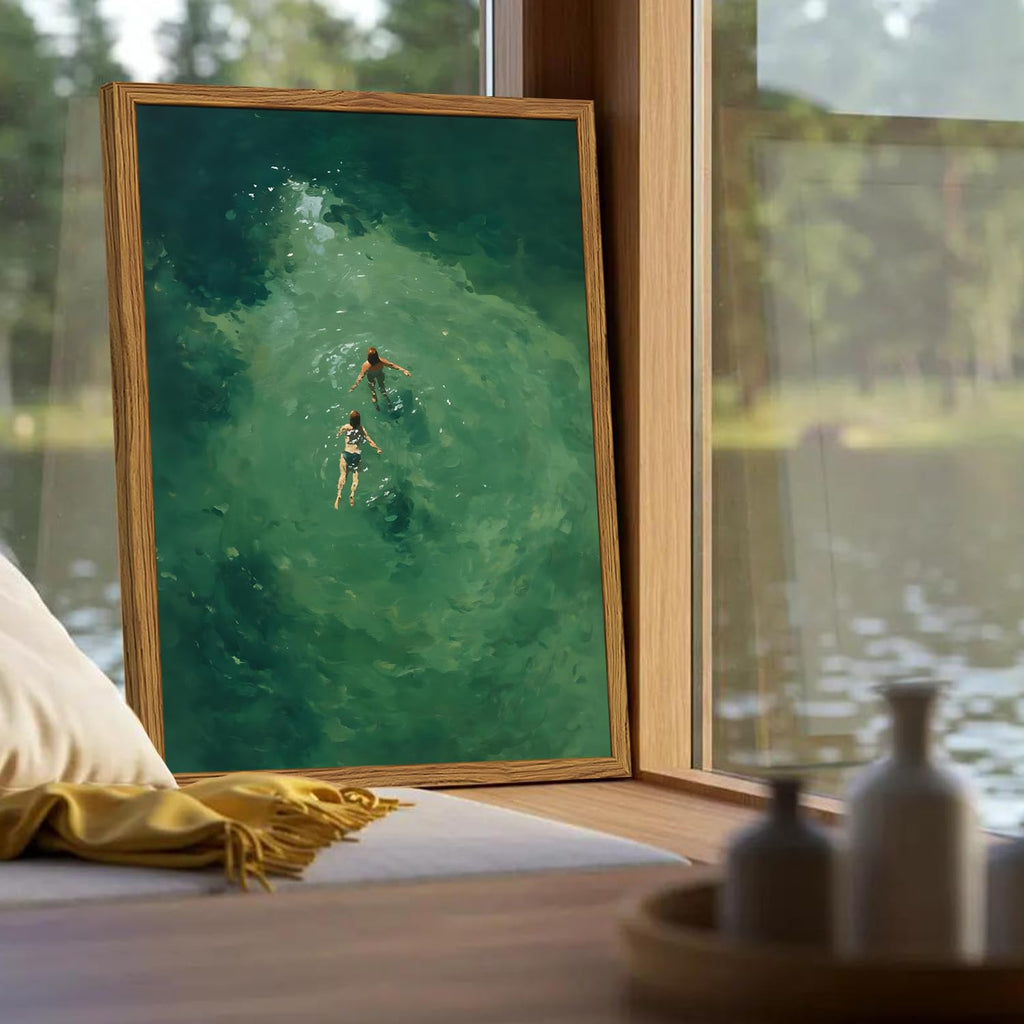 Framed Tiny People Swimming Canvas Wall Art, Minimalist Green Water Pictures Wall Decor, Abstract Summer Beach