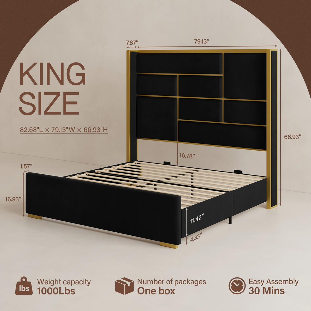 King Size Bed Frame with Headboard, 66.93" Tall Bed, Black and Gold