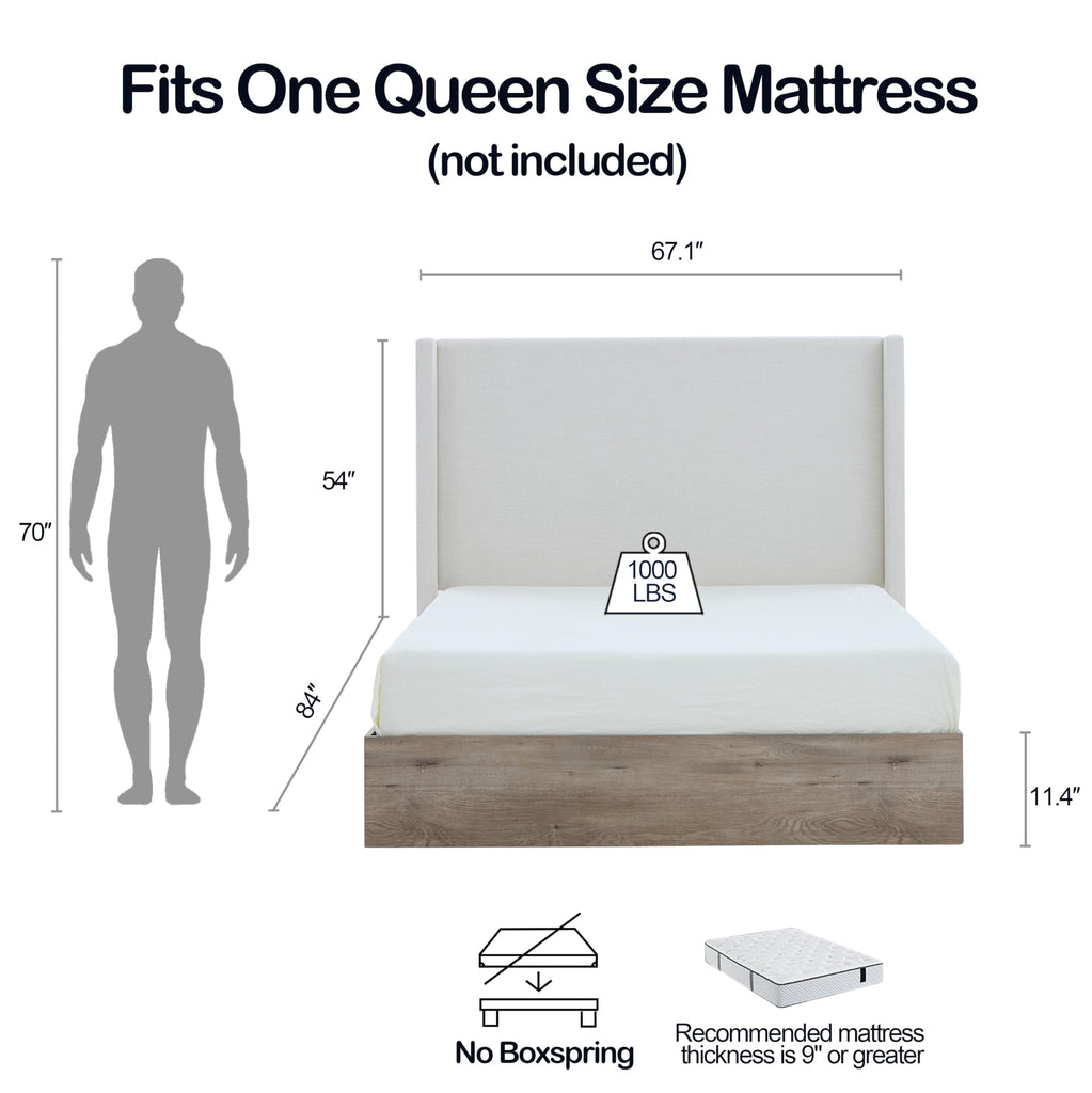 Upholstered Bed Frame, 54" Tall Headboard Shelton Wingback Bed Frames, Wood Base Platform Beds, No Box