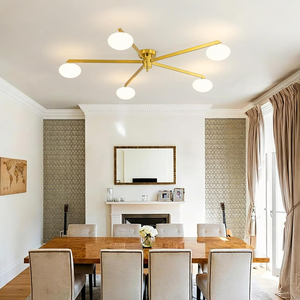 Semi Flush Mount Ceiling Light, Gold Sputnik Ceiling Light Fixture with 5-Oval Milk Glass Lampshades, Mid Century