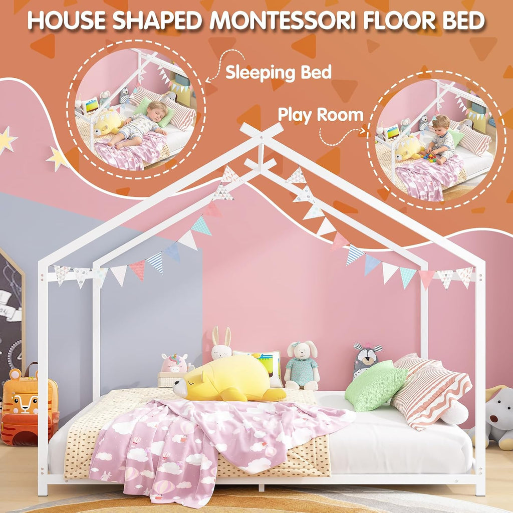House Shape Montessori House Bed Metal Floor Bed for Kids