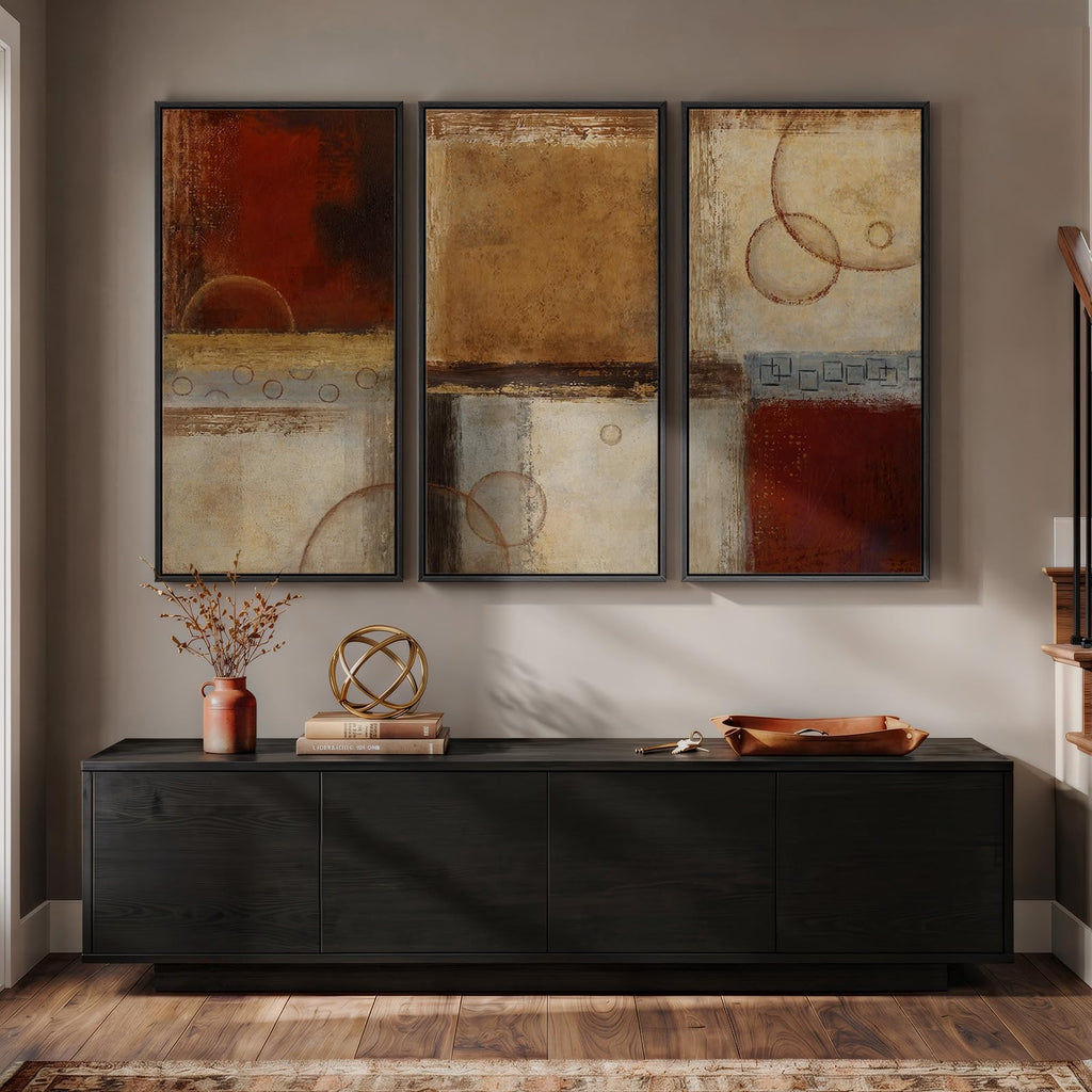 Large Framed Brown Red Abstract Wall Art, 3 Piece 20x40 In