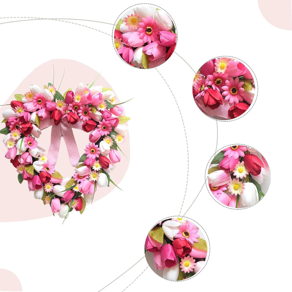 Valentine's Day Heart Shaped Tulip Wreath, 20 Inch Pink White Tulip Floral Wreath for Front Door, Artificial Flower