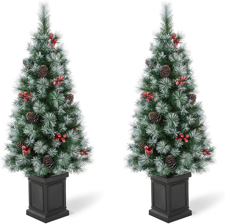 Small Christmas Tree Set of 2, 4ft Prelit Artificial Christmas Porch Tree, Potted Christmas Tree for Entrance with 80