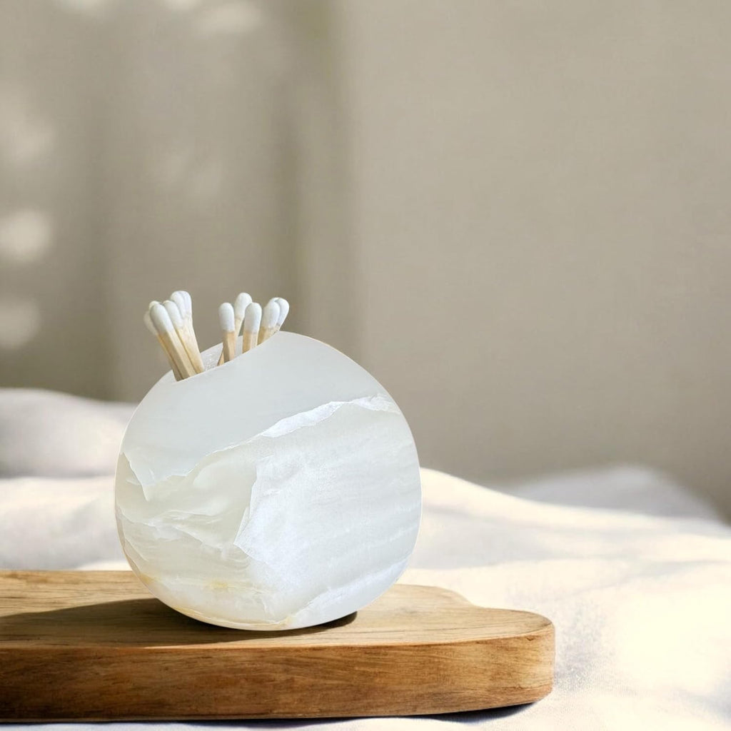 White Onyx Toothpick Holder, Match Holder with Striker for Candles, Decorative Natural Stone, Modern Home Decor