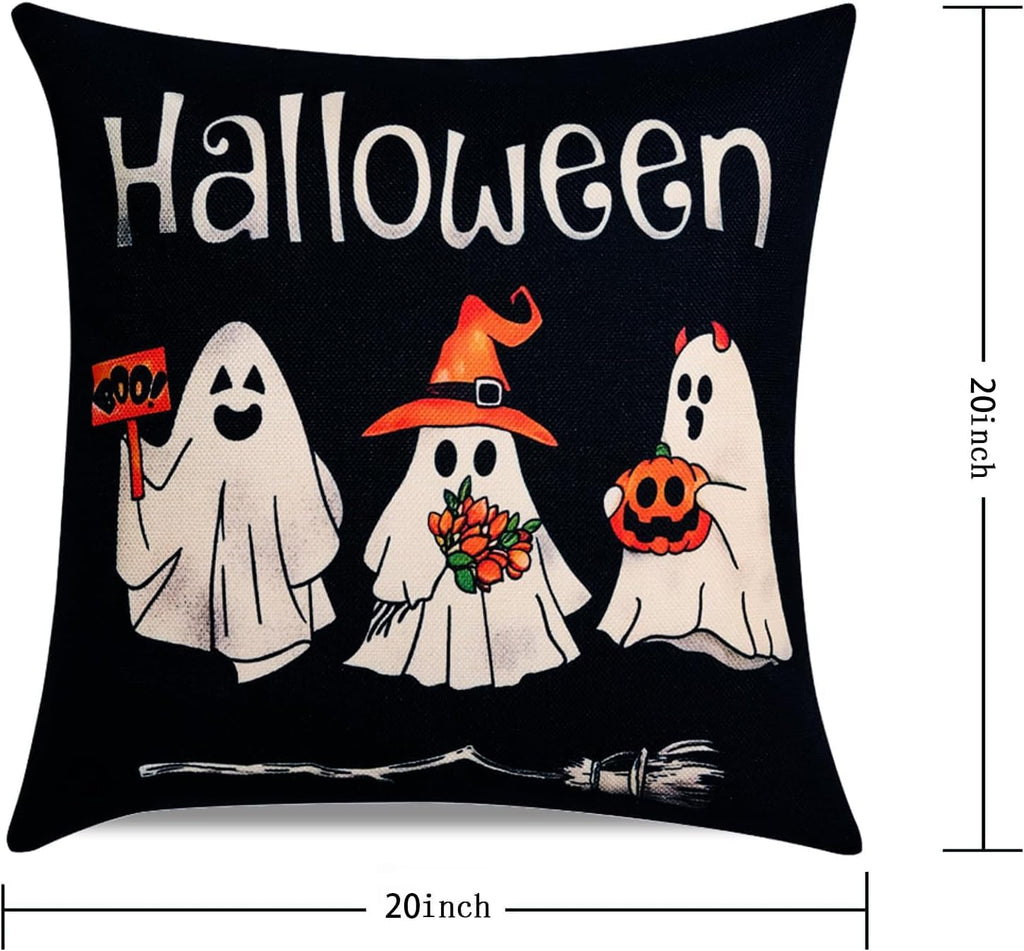 Ghost Halloween Decor-Throw Pillow Covers 20x20 in,Spooky Gothic Linen Pillow Case for Couch Fall Christmas - Set of 4