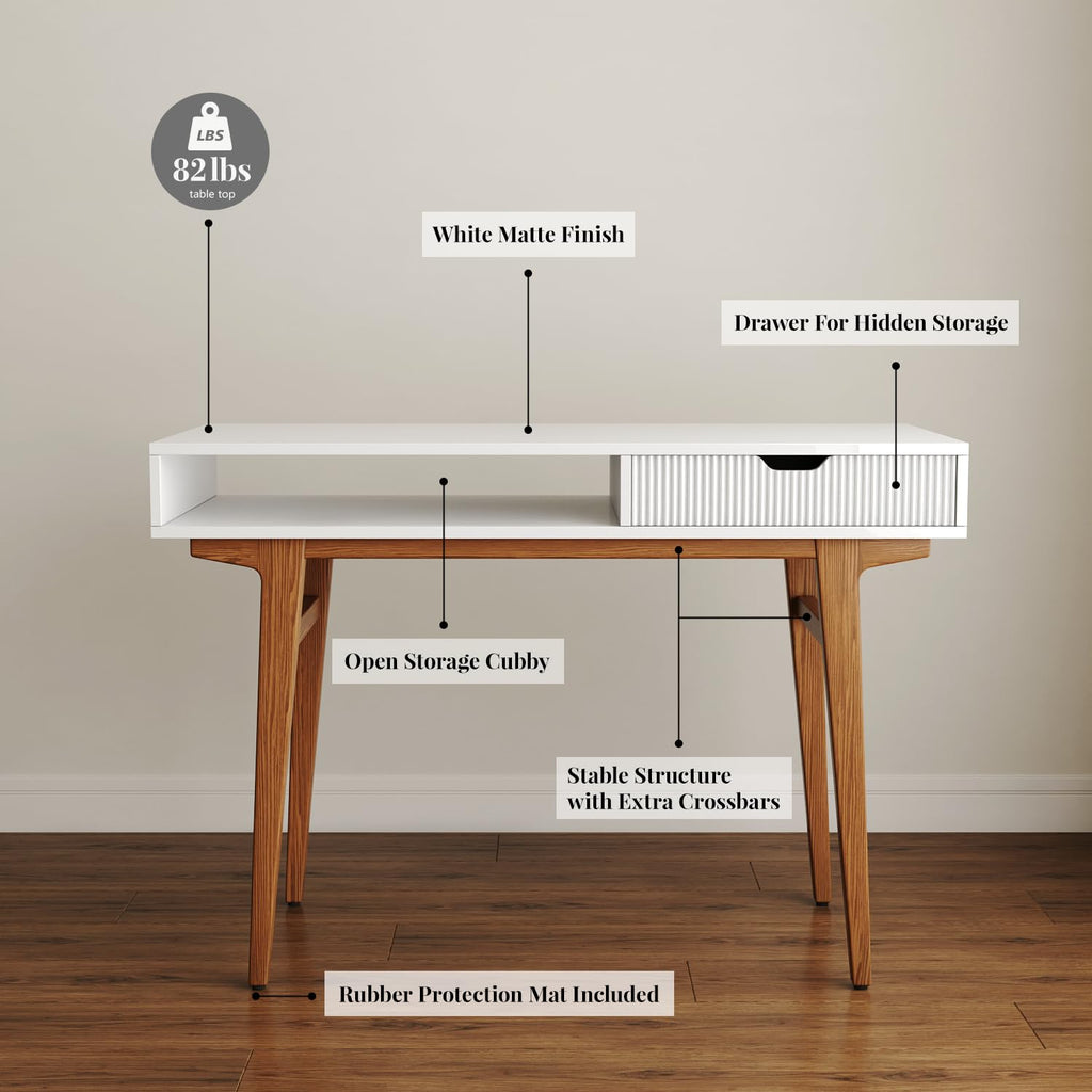 White Computer Desk with Drawers - 45 inch Minimalist Small Solid Wood Mid-Century Modern Office Desk - Boho Style