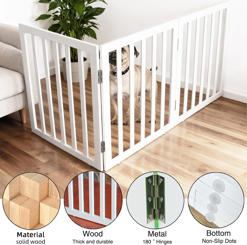 Freestanding Indoor Dog Gate Foldable Wood White Puppy Gate for Doorways Pet Gate for Stairs Extra Wide Pet Fence 24"