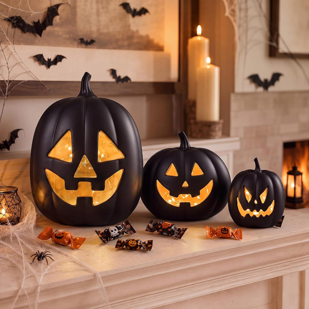 Resin Halloween Pumpkin Decor Pumpkin Lantern, Black - Set of 3