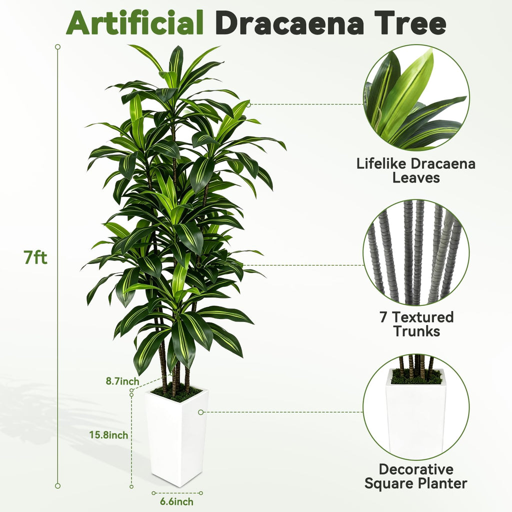 7FT Artificial Dracaena Tree with Tall White Planter - Large Fake Tree with Lifelike Leaves - Tall Faux Floor Plants