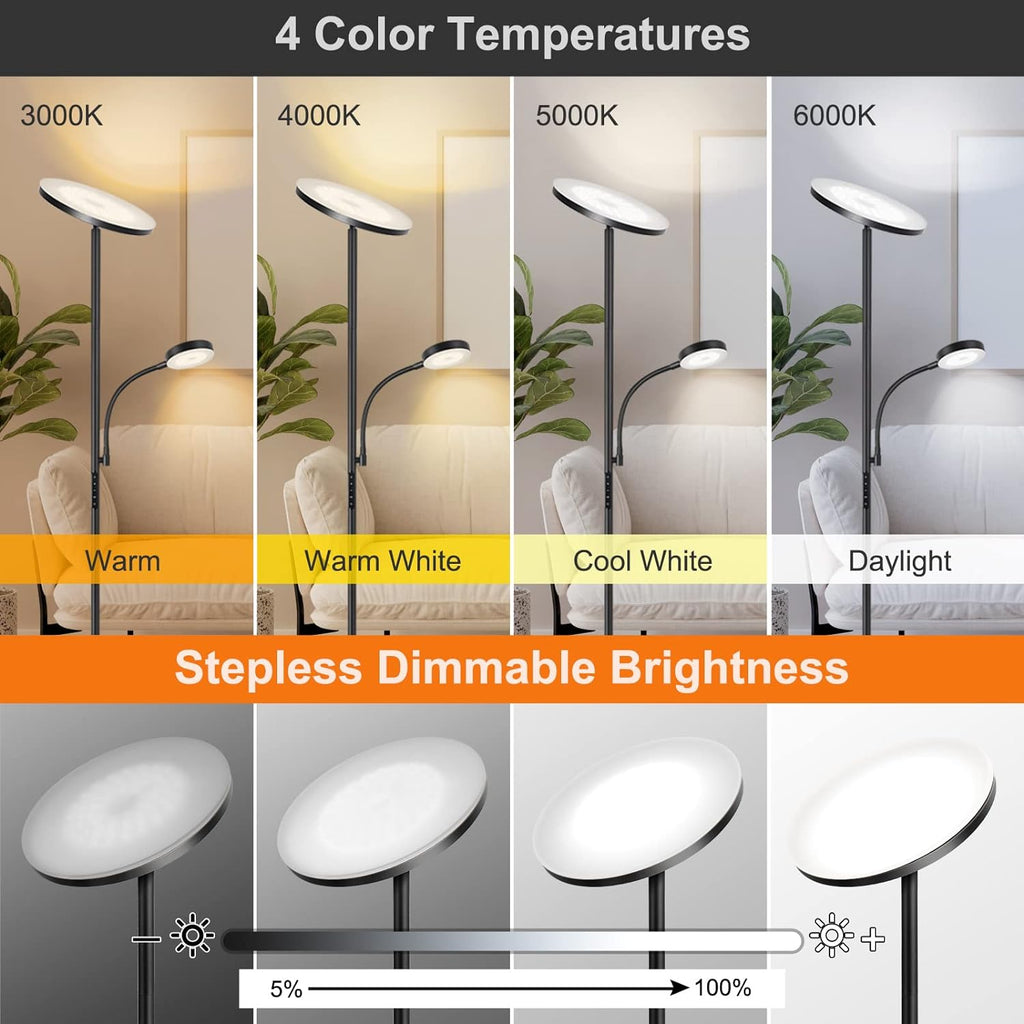 LED Floor Lamp, 27W/2400LM Modern Torchiere Lamp & 7W/ 400LM Reading Lamp