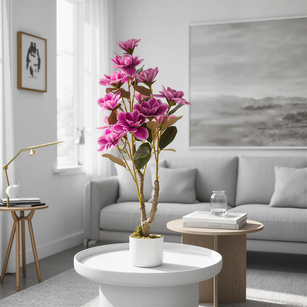 37" Artificial Magnolia Tree, Artificial Realistic Magnolia Grandiflora with White Planter and 12 Lifelike Flowers