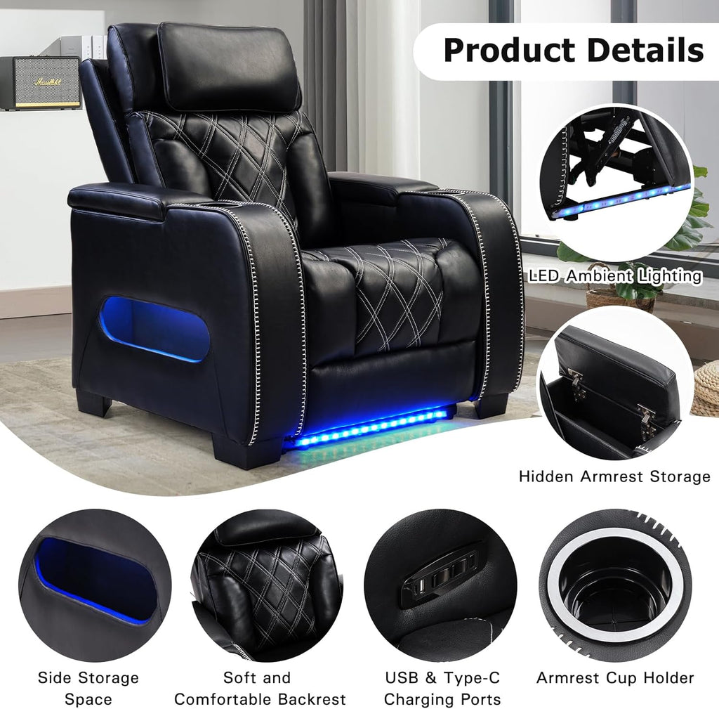 Electric Power Recliner Chair, PU Leather Home Theater Seating with Power Headrest