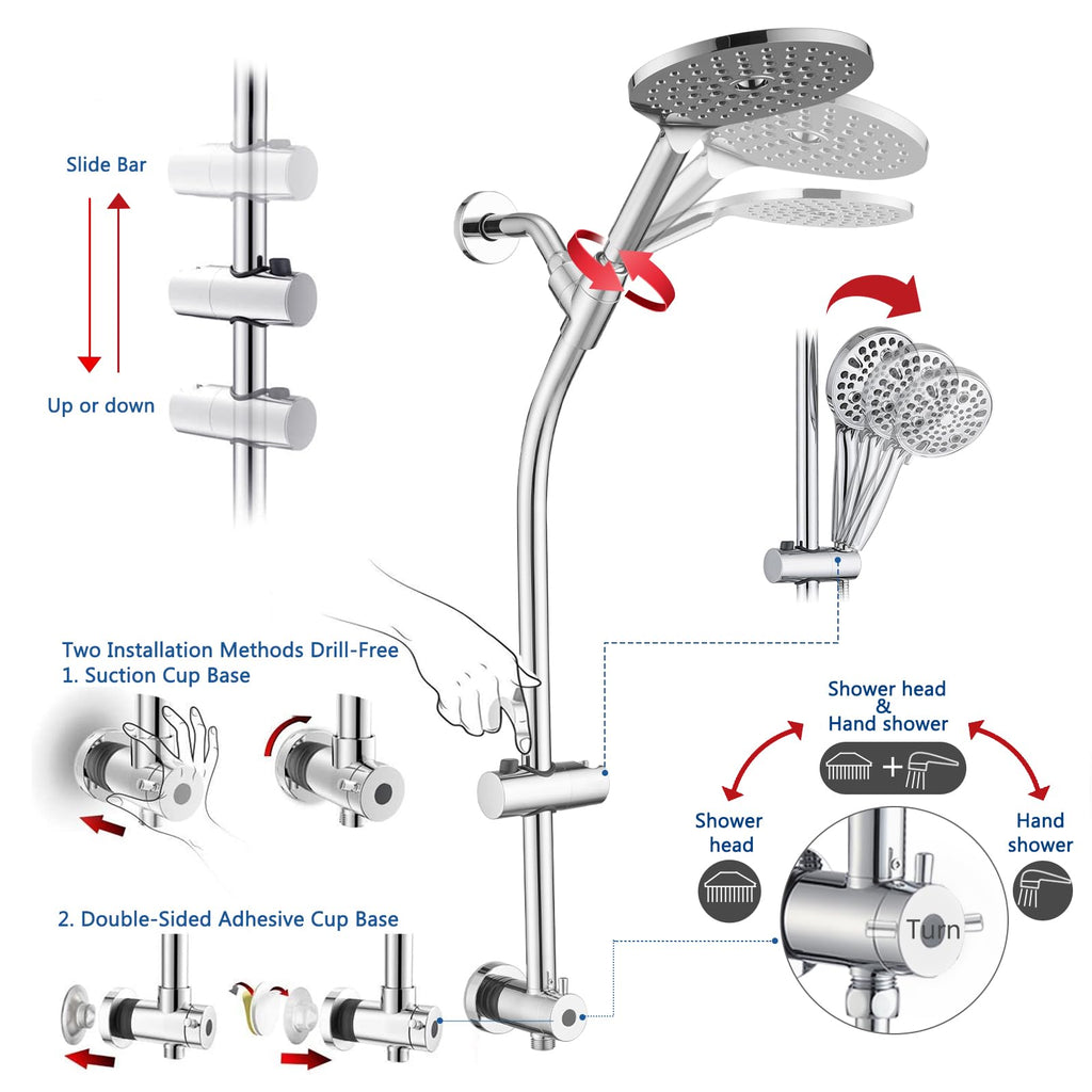 High Pressure Shower Head with Handheld Shower, 26" Adjustable Height Drill-Free Slide Bar, 3-Way Diverter for Easy