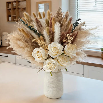 Dried Pampas Grass with Vase, Includes Artificial Silk Roses, Boho Natural Dried Flowers for Coffee Table - Set of 100