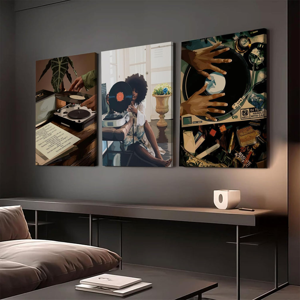 Black Girl Wall Art Decor Modern Black Woman Painting Prints, Set of 3 African American Music Record Player Poster
