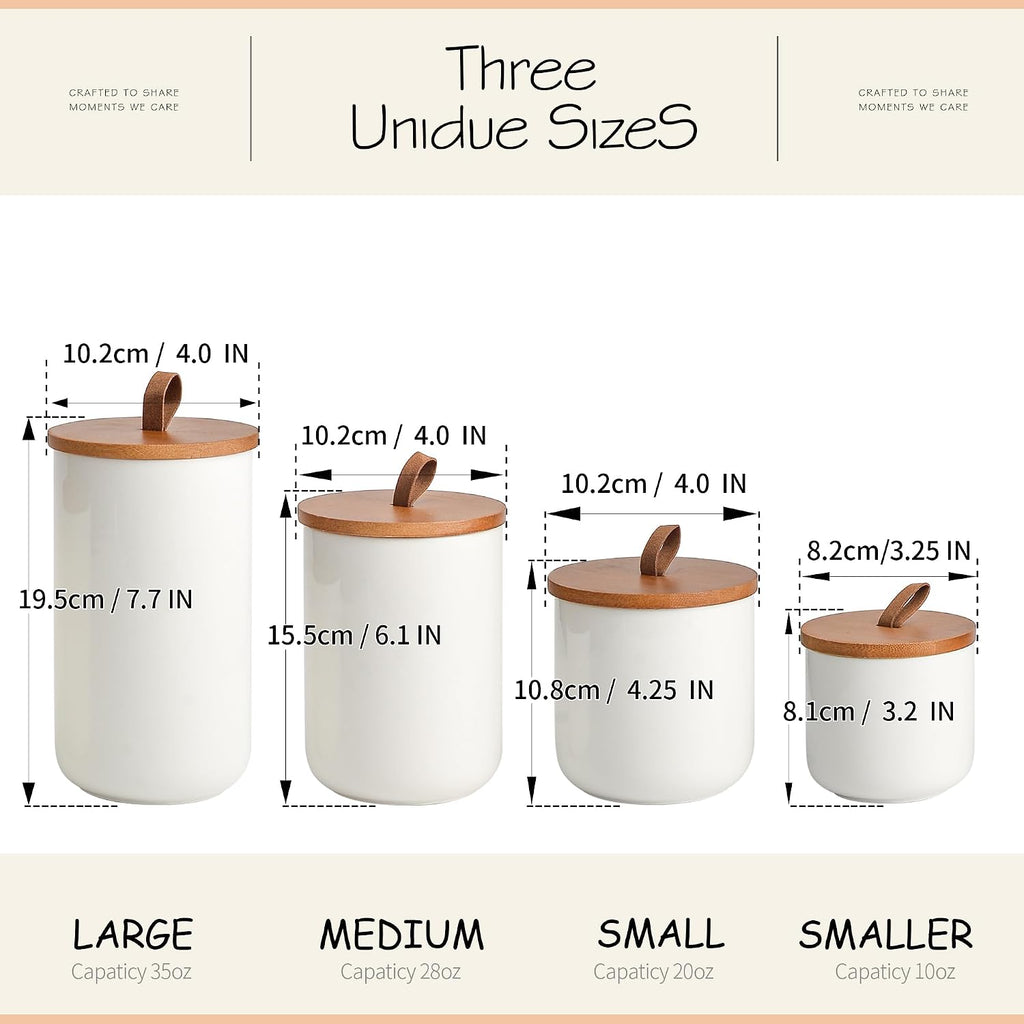 White Ceramic Canister Set with Bamboo Lids, 4-Piece Airtight Food Storage Jars - Flour, Sugar, Coffee, Tea, Spice - Set of 4