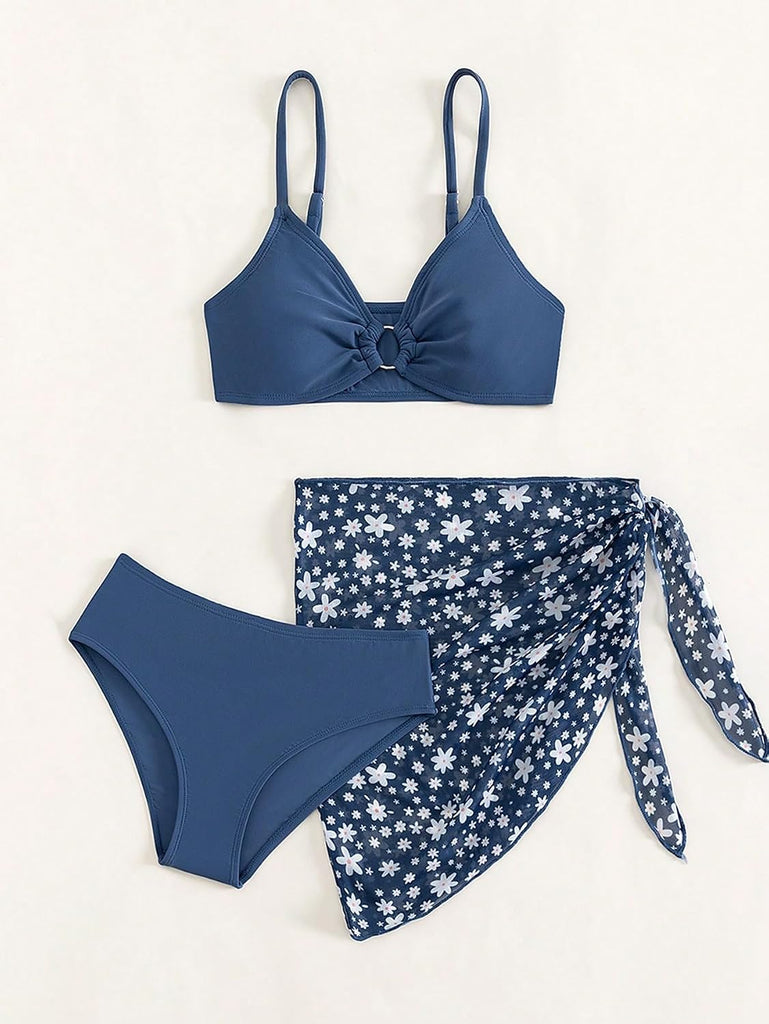 Girl's Cute 3 Piece Bikini Sets Ditsy Floral Beach Skirts Swimsuit
