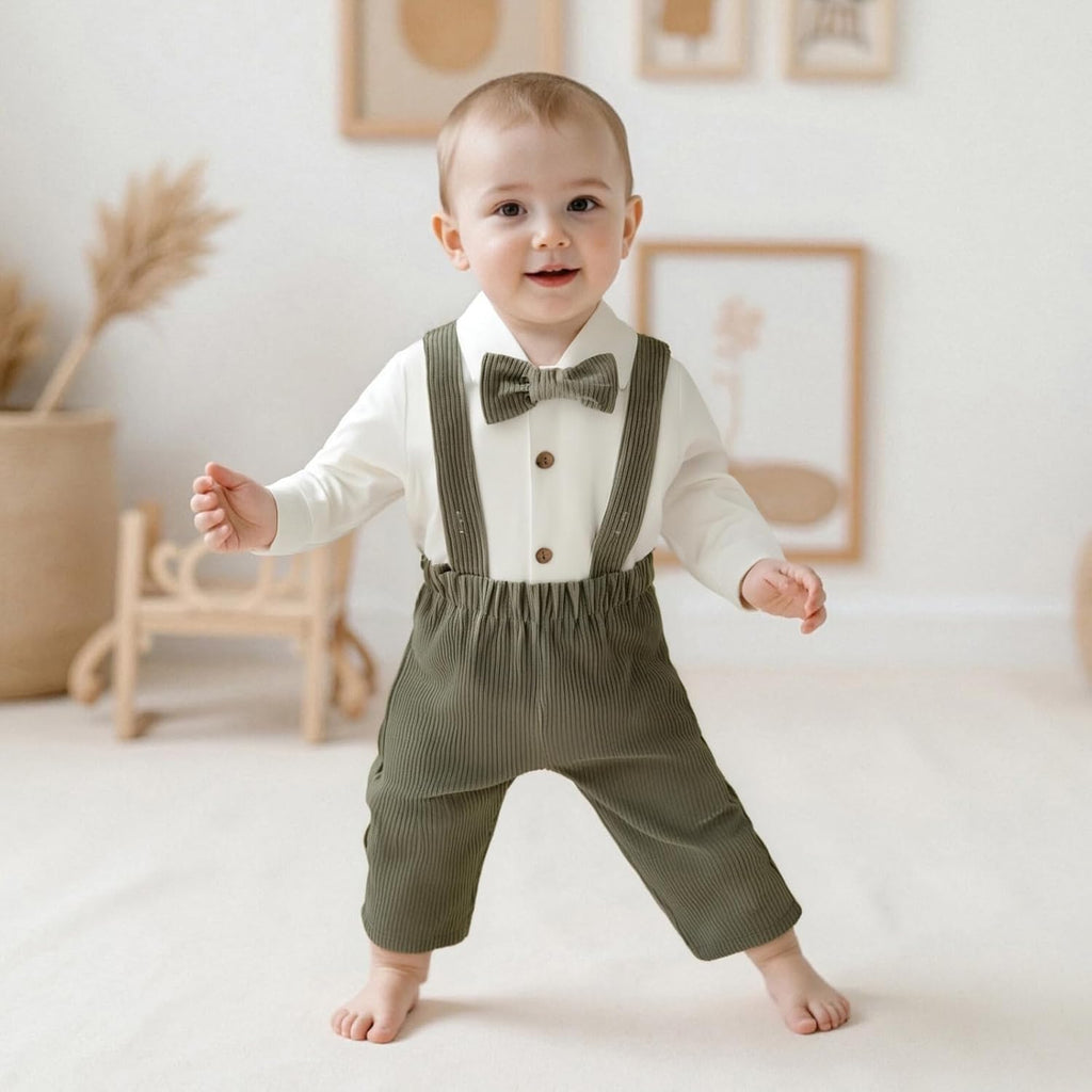 Infant Baby Boy Outfits Suit Bowtie Dress Romper+Suspender Overalls Pants Set Gentleman Wedding Clothes Formal