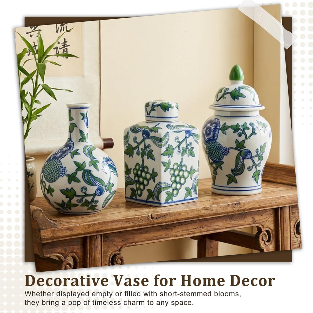 Porcelain Ginger Jar, Chinoiserie Vase Living Room Console Table Accent, Shelf and Tabletop Decor, Green - Set of 3