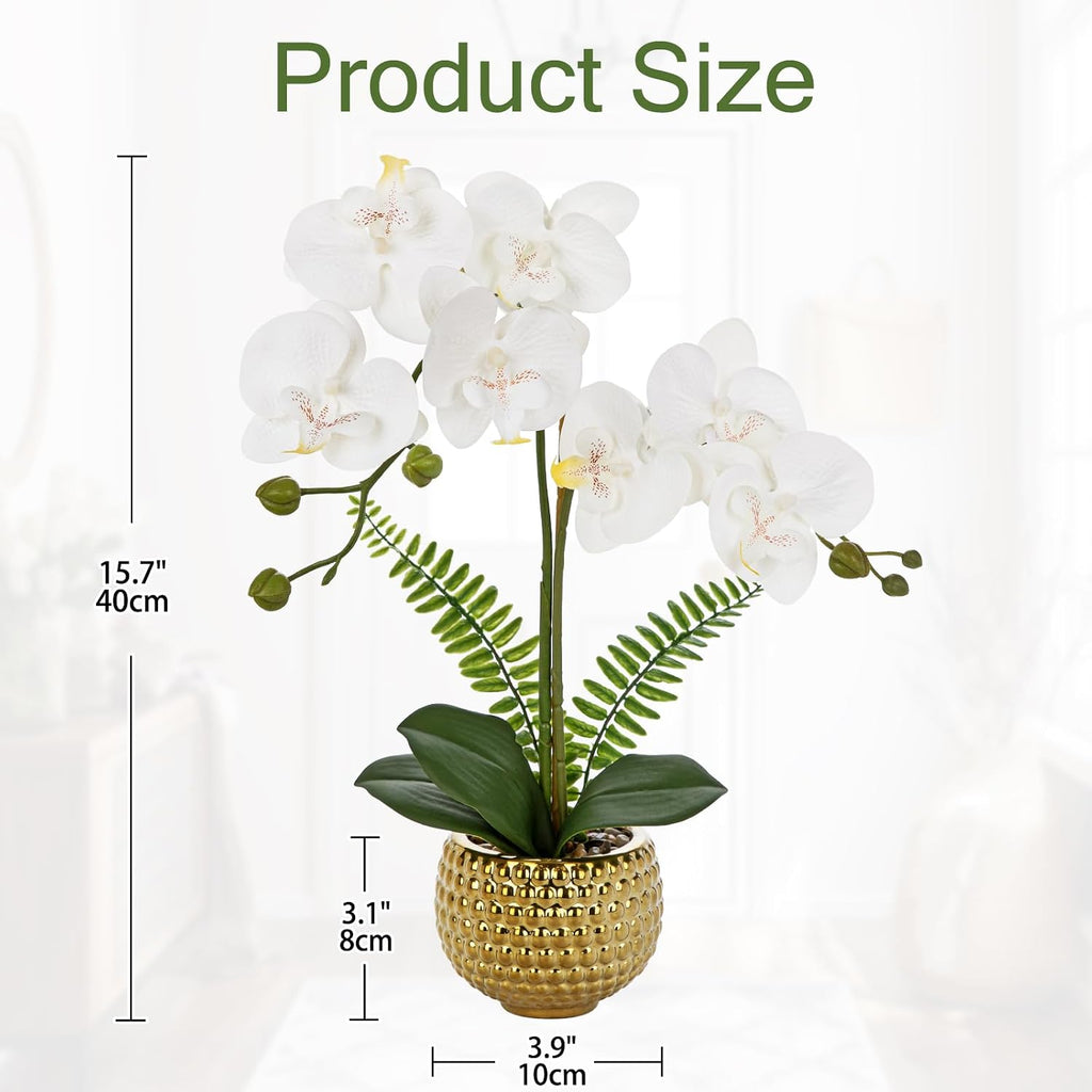White Orchids Artificial Flowers in Gold Ceramic Pot, 15.7in