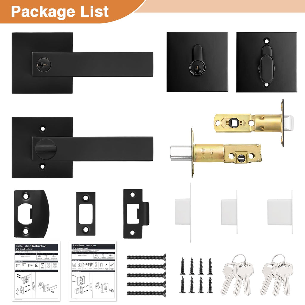 Square Keyed Entry Levers and Single Cylinder Deadbolts Combo Pack, Flat Black Heavy Duty Entrance Locksets Bedroom