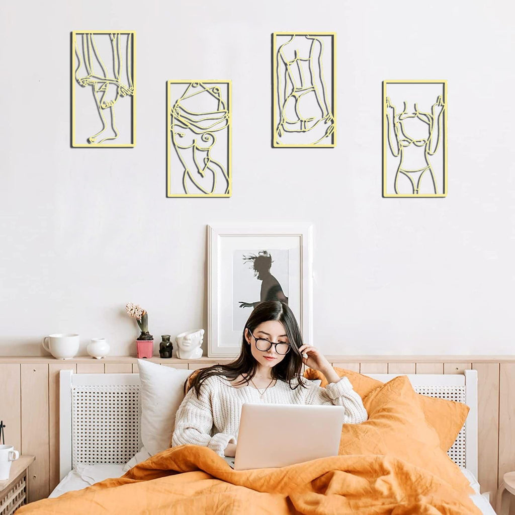 4-Piece Abstract Line Metal Wall Art Print Decor Line Drawing Home Hanging Wall Art Bedroom Wall (Gold) - Set of 4
