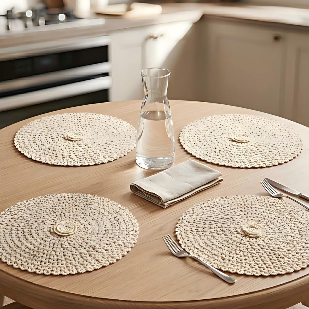 Round Placemats-15 Inch Crochet Table Mats, Washable & Heat Resistant Woven Dining Placemats for Farmhouse - Set of 4