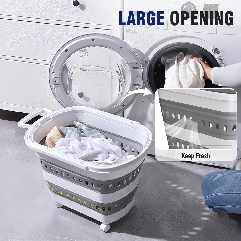 Collapsible Plastic Rolling Laundry Basket Hamper with Wheels, 45L Portable Rubber Clothes Basket, Pop Up Storage