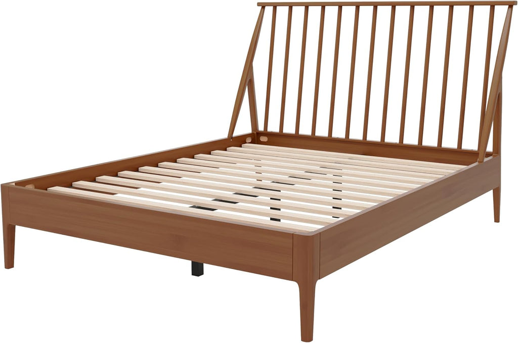 Queen Solid Bamboo Wood Spindle Platform Bed with 46.5" Tall Headboard, Bohemian Bed Frame with Wooden Slats and