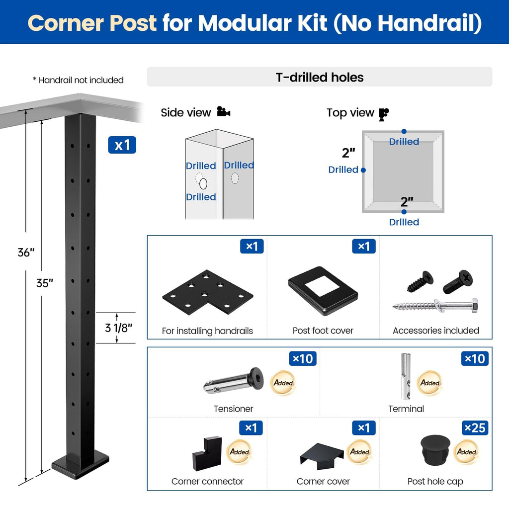 36in Modular Cable Railing Corner Post Surface Mount T-drilled RW39