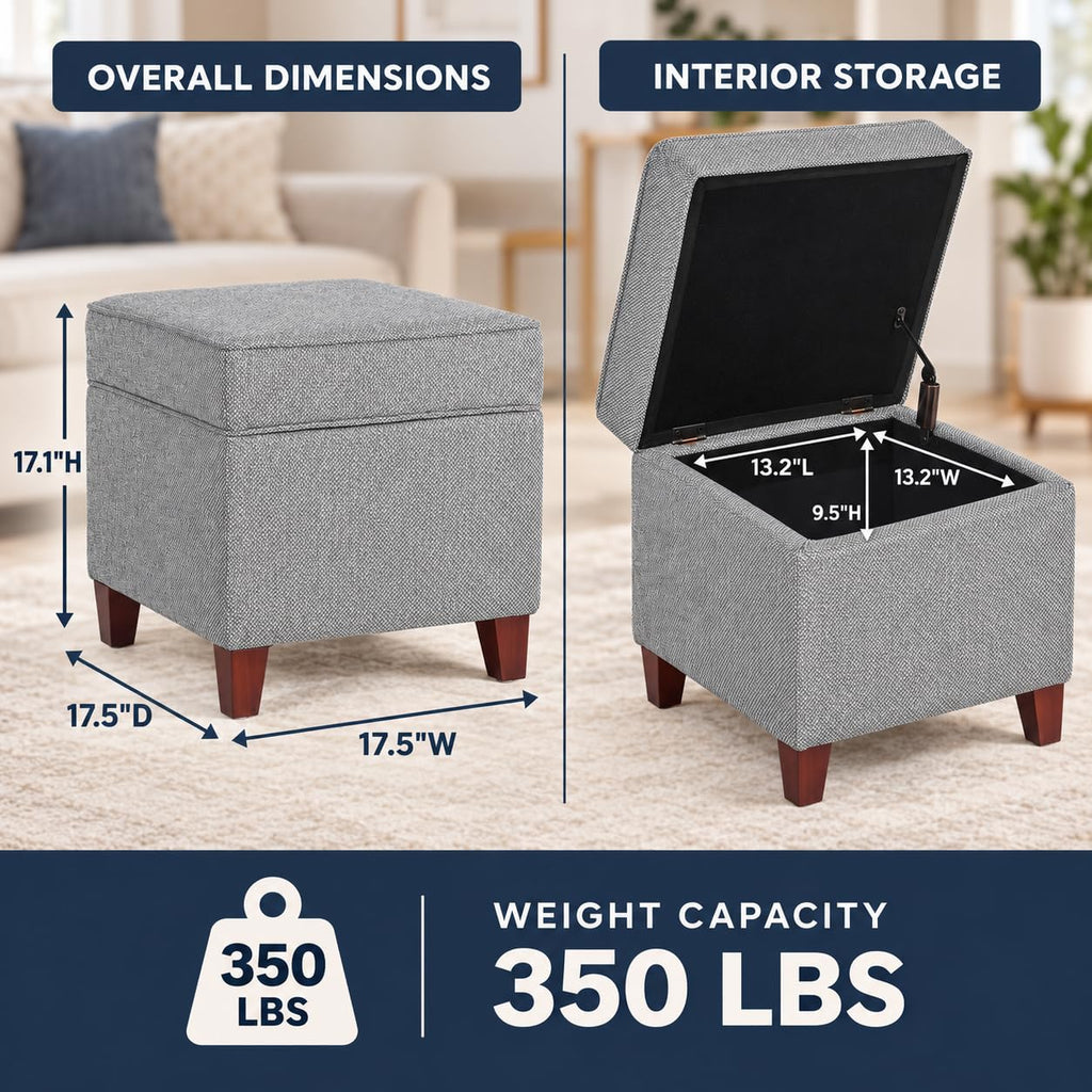17 Inch Square Linen Storage Ottoman, Small Upholstered Footrest Stool with Hinged Lid and Wood Legs, Modern Accent