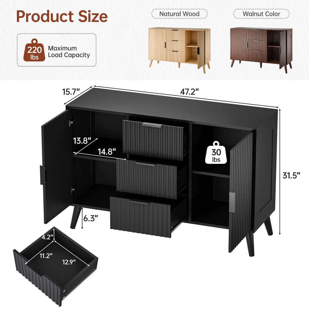47.2" Fluted Sideboard Buffet Cabinet with 3 Drawers, Black Modern Buffet Cabinet with Storage, Large Storage