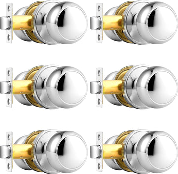 Polished Chrome Door Knobs Interior, Passage Door Knobs Closet, Keyless Interior Door Knob, 6 Pack