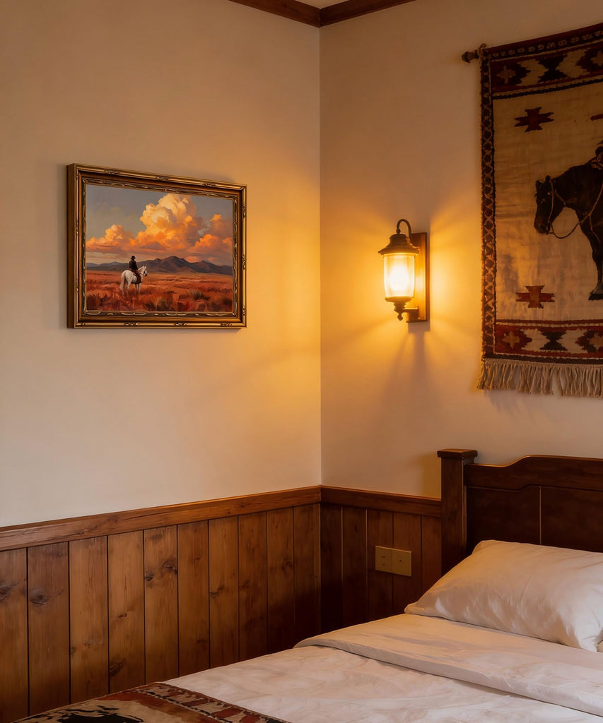 Vintage Gold Framed Wall Art Western Cowboy Wall Art Vintage Cowboy on Horse Wall Decor Picture Rustic Sunset