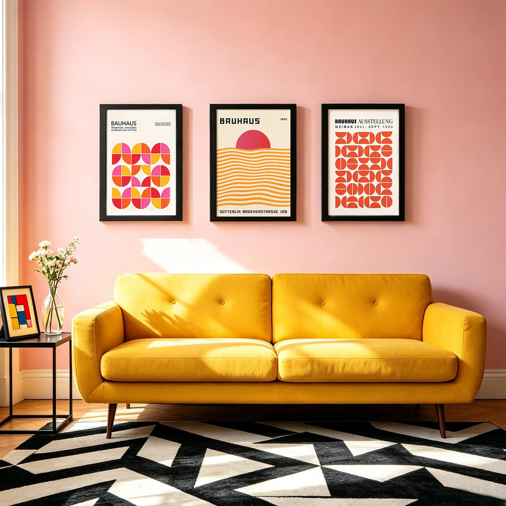 3Pcs Black Framed Bauhaus Wall Art, Sunset Wall Decor, 12x16 Inch
