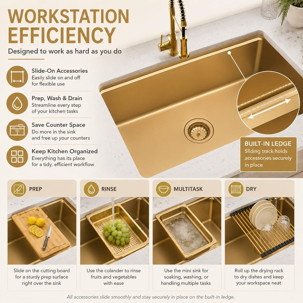 32 Inch Gold Undermount Kitchen Sink, 32" x 18" Gold Workstation Sinks, Stainless Steel Single Bowl Sink with Custom