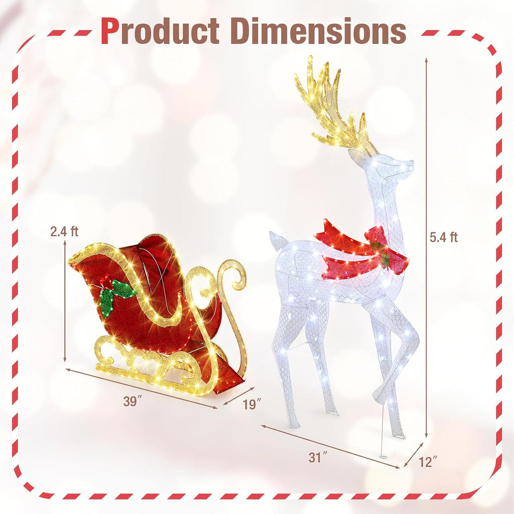 5.4 FT Christmas Lighted Reindeer & Santa's Sleigh Set Decorations