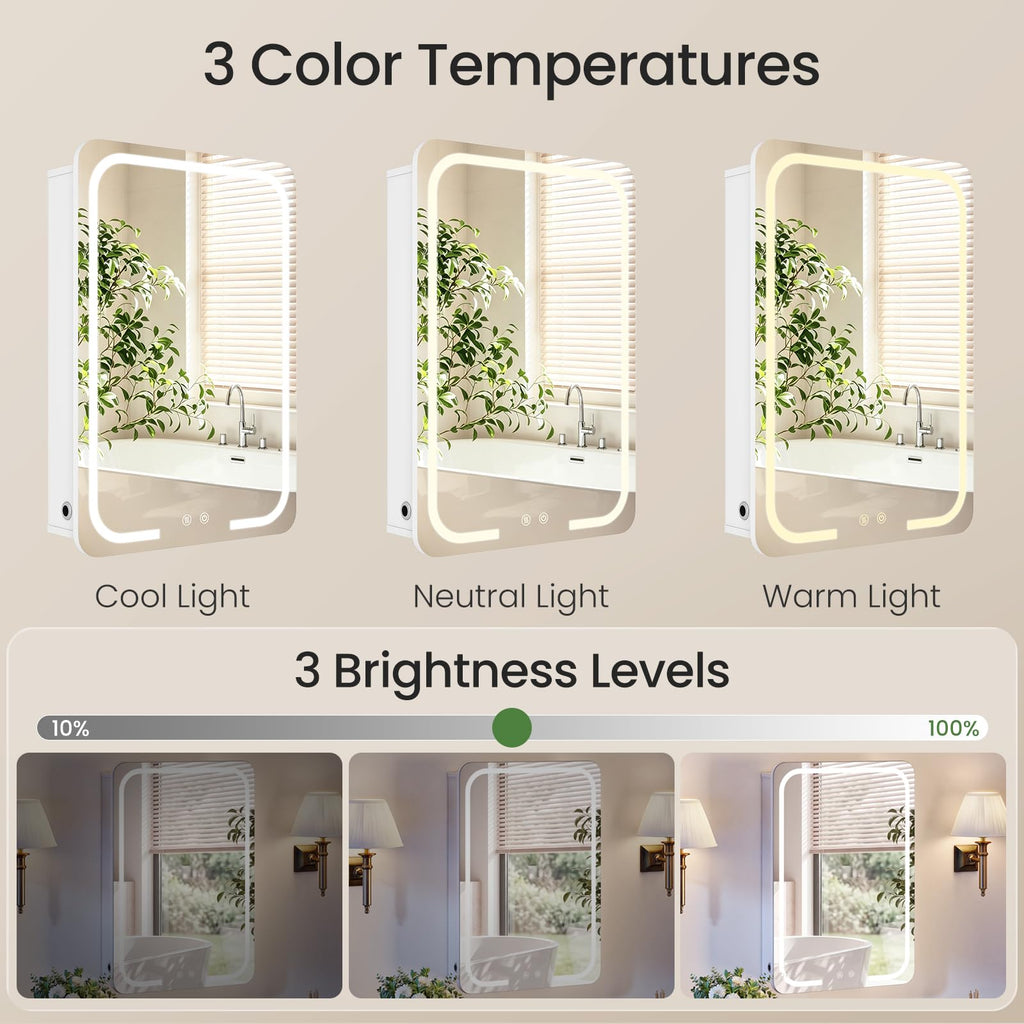 Lighted Medicine Mirror Cabinet with Heated Defog Function, White