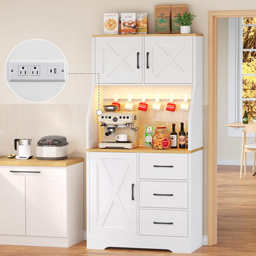 Pantry Cabinet with Adjustable Shelves and 3 Drawers, Tall Kitchen Pantry Storage Cabinet with LED Light & Charging