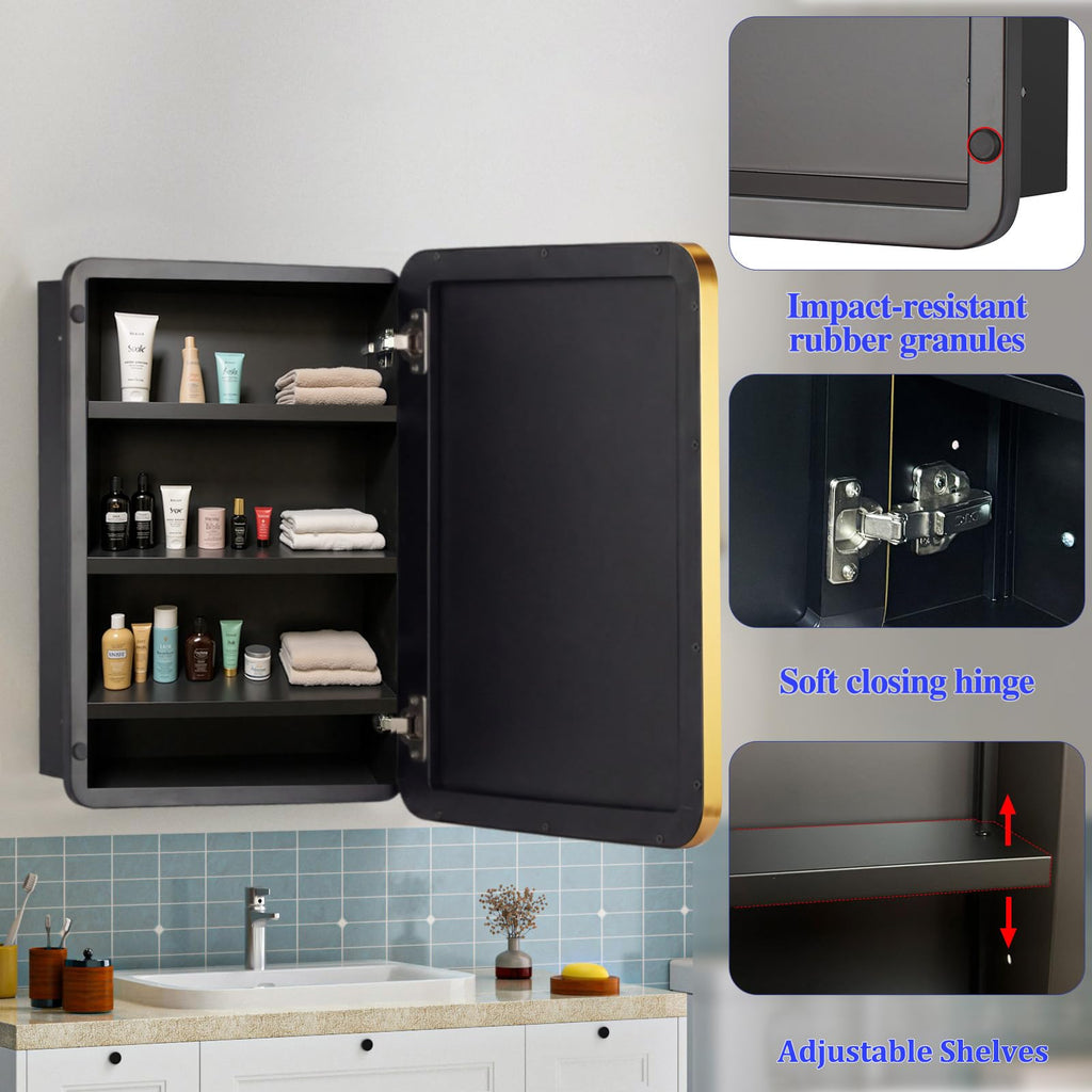 24" x 36" Bathroom Medicine Cabinet with Mirror Door, Brush Gold Stainless Steel Frame, Recessed or Surface