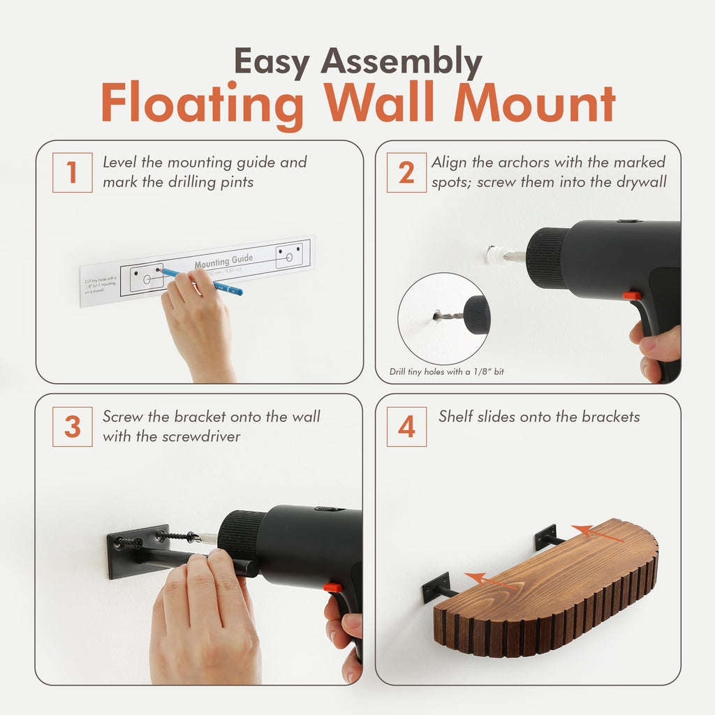 2 Pack Wood Rounded Fluted Floating Shelf