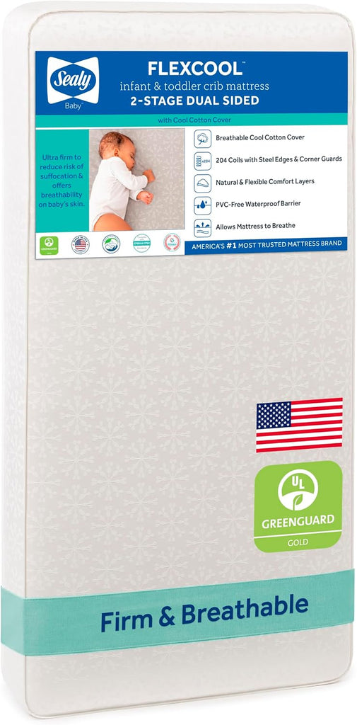 Flex Cool 2 Stage Crib Mattress and Toddler Bed Mattress, Breathable Hybrid Coil Design, Waterproof Cotton Surface